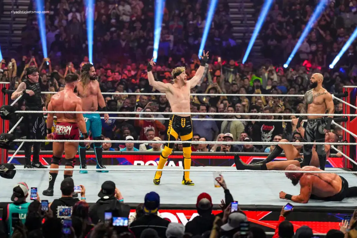 WWE wrestlers on a Royal Rumble style stage in Riyadh Saudi Arabia