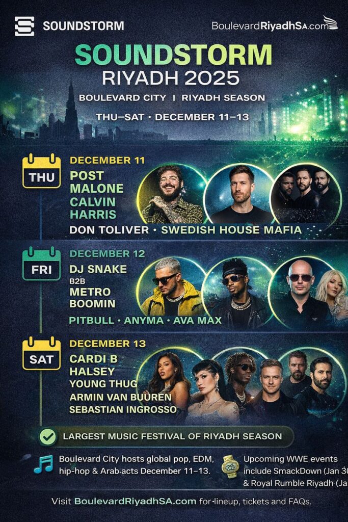SOUNDSTORM Festival Riyadh: December 11–13 Lineup at Boulevard City 2 SOUNDSTORM Festival Riyadh Infograhics