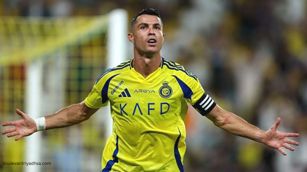 Cristiano Ronaldo celebrating in Al Nassr kit during a Saudi Pro League match